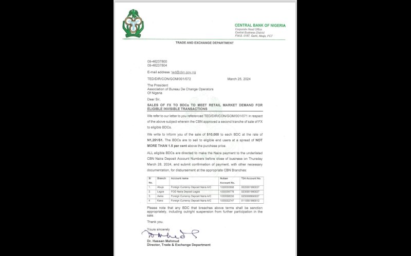 CBN Sells Forex To BDCs At N1,251/$1 as Naira regains strength  