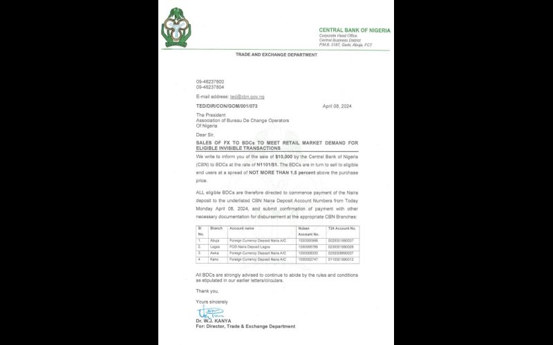 CBN Sells Dollars To BDCs Below Market Rate At ??1,101/$1