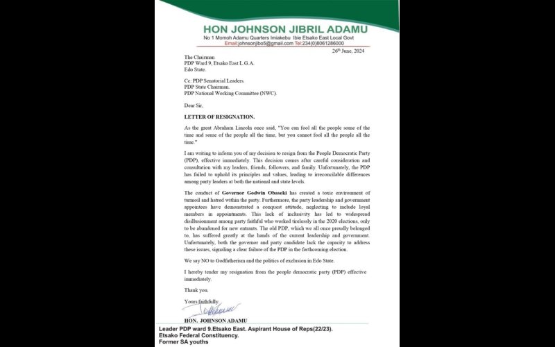 Hon Adamu Leads Etsako East LG Vice Chair, Ward Excos, Others To Resign From PDP