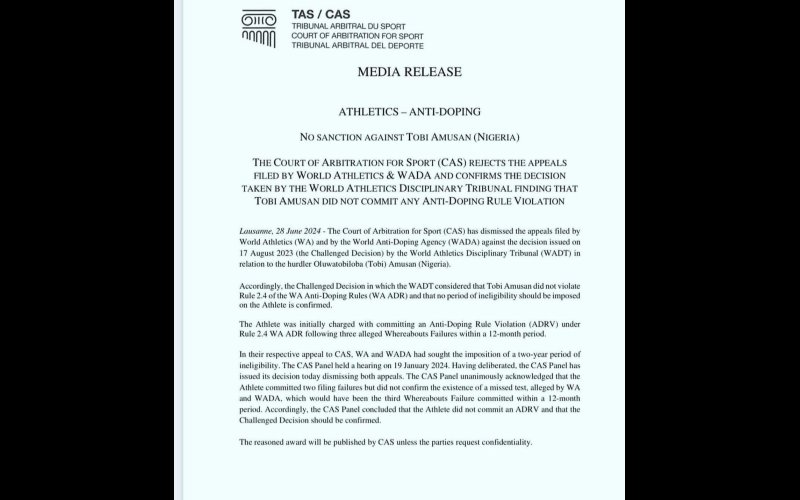 Court Of Arbitration Clears Tobi Amusan