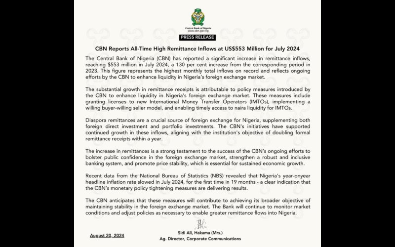 CBN Recorded Highest Remittance Inflow Of $553 Million In July