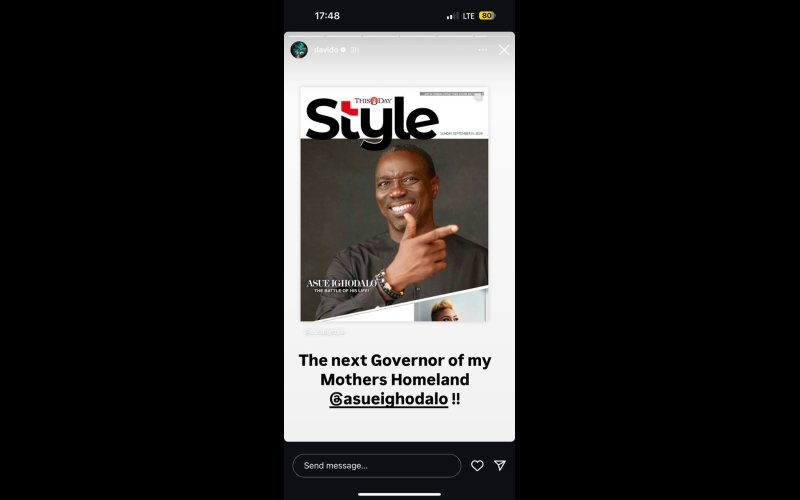 Davido Endorses PDP Candidate Asue Ighodalo In Edo Governorship Race