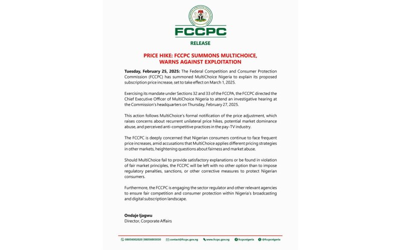 Price Hike: FCCPC Summons MultiChoice, Warns Against Exploitation 