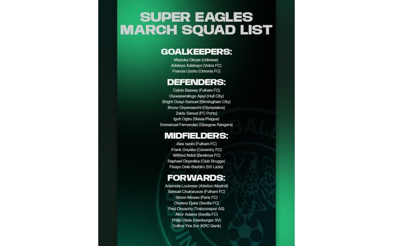 Super Eagles Coach Chelle Names 23-Man Squad for Friendlies Against Iran and Jordan